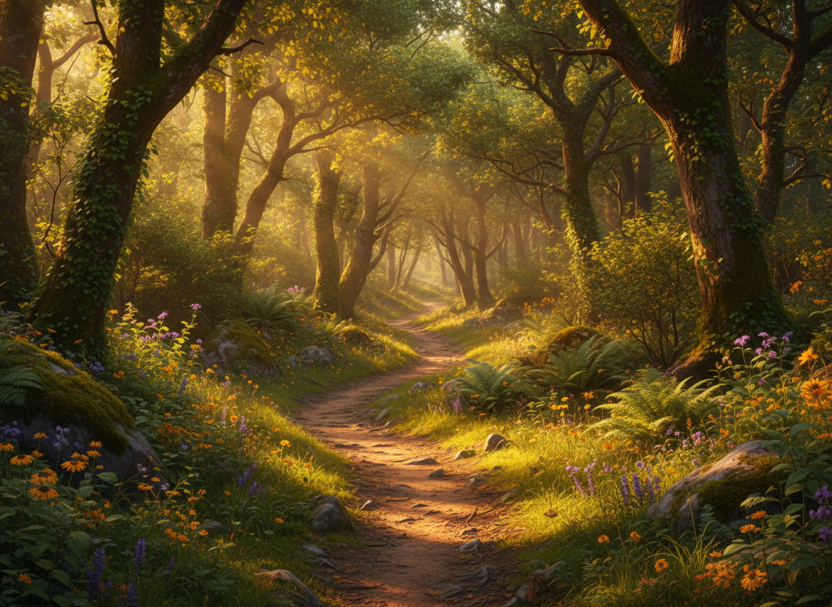 A photorealistic narrow dirt pathway winding through a lush green forest with sunlight streaming through the trees, golden hour lighting, warm and bright atmosphere, high resolution nature photography style, vibrant colors, beautiful and inviting
