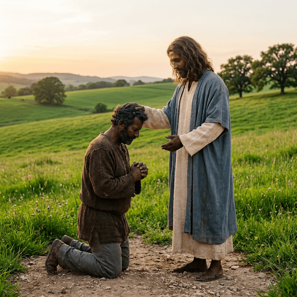 Man in brown robe kneeling with hands clasped, another man in light and blue robe blessing him outdoors